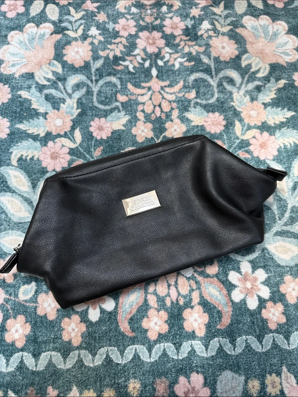 Vince Camuto Black Pebbled Leather Zip Cosmetic Toiletries Case